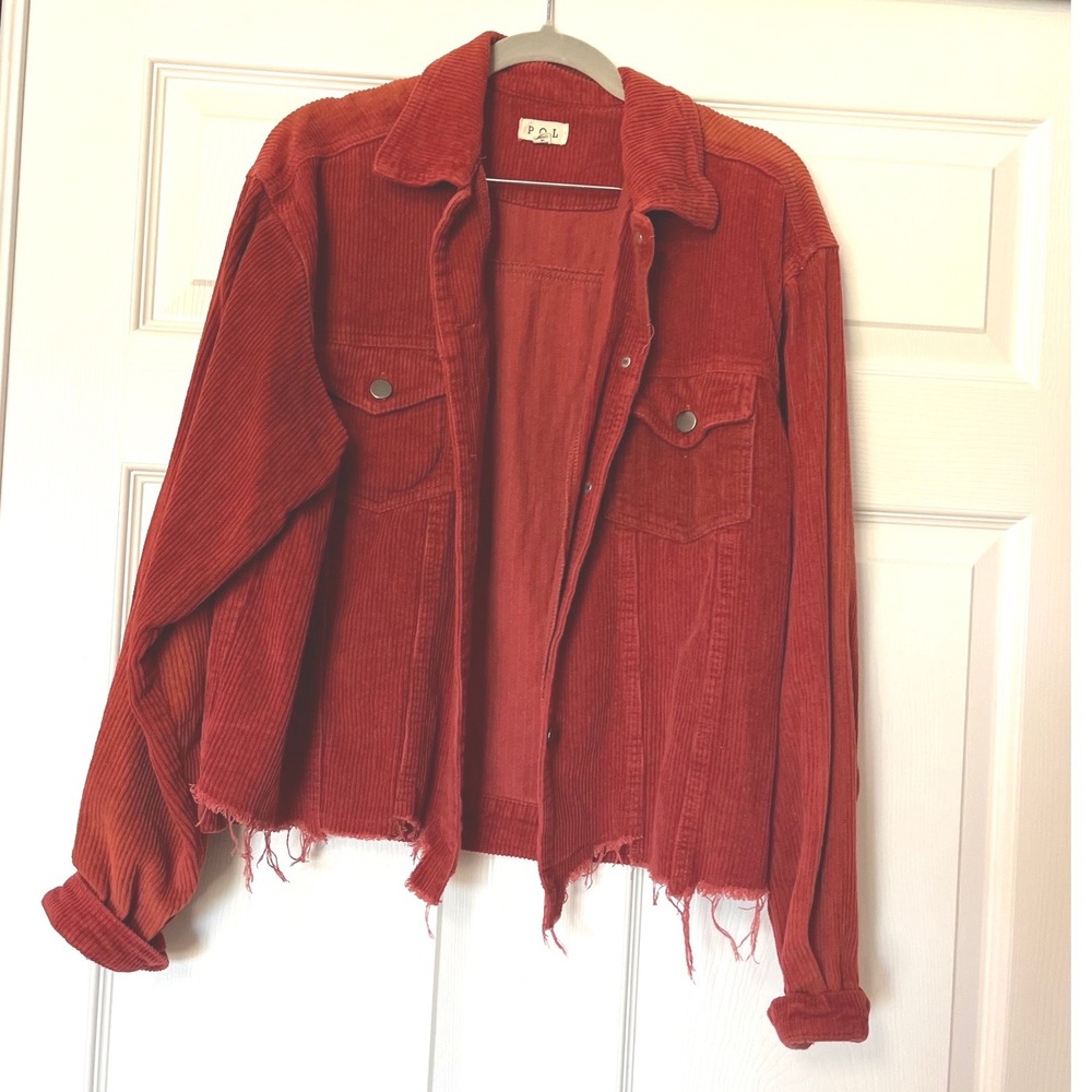 POL Womens Rust Red Distressed Corduroy Jacket Raw Hem JFT399 Size M